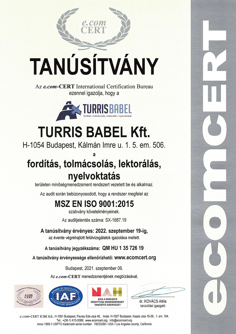 EUCERT ISO tanusitvany